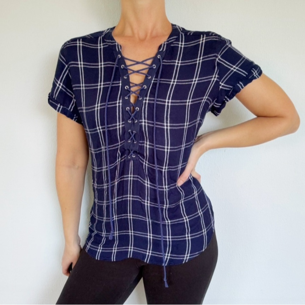 Express Navy Blue Plaid Lace-Up Short Sleeve Blouse
